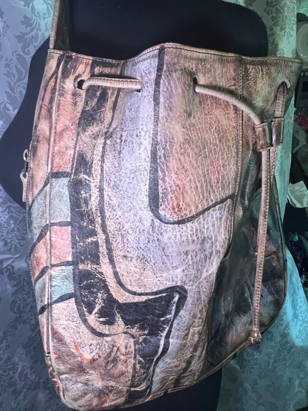Jane Yoo Wearable Art Hand-Painted Brown Leather Shoulder Bag - Picture 2 of 10